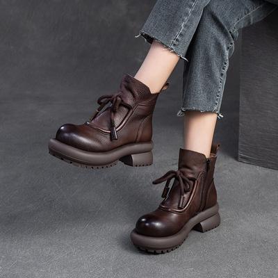 Modne GKTINOO 2024 Zima Nowe Uniwersalne Damskie Buty Retro Prawdziwa Skóra Okrągły Nosek Gruba Podeszwa Krótkie Botki