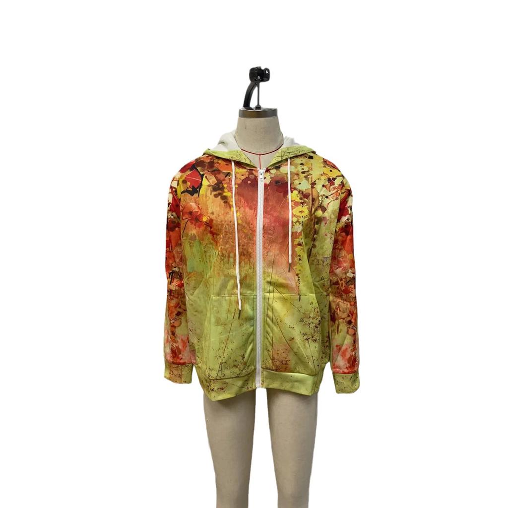 Felpa con cappuccio da donna autunnale Giacca con cerniera Giacca da donna stampata a maniche lunghe allentata casual alla moda