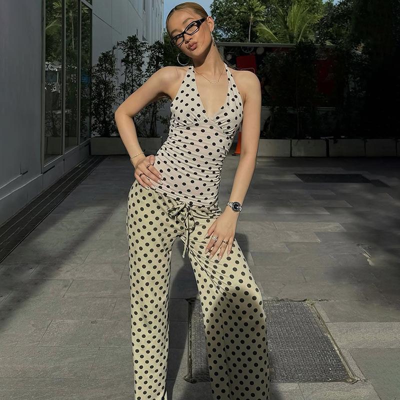 Women's Polka Dot Halter Crop Top V-Neck Ruched Sleeveless Blouse