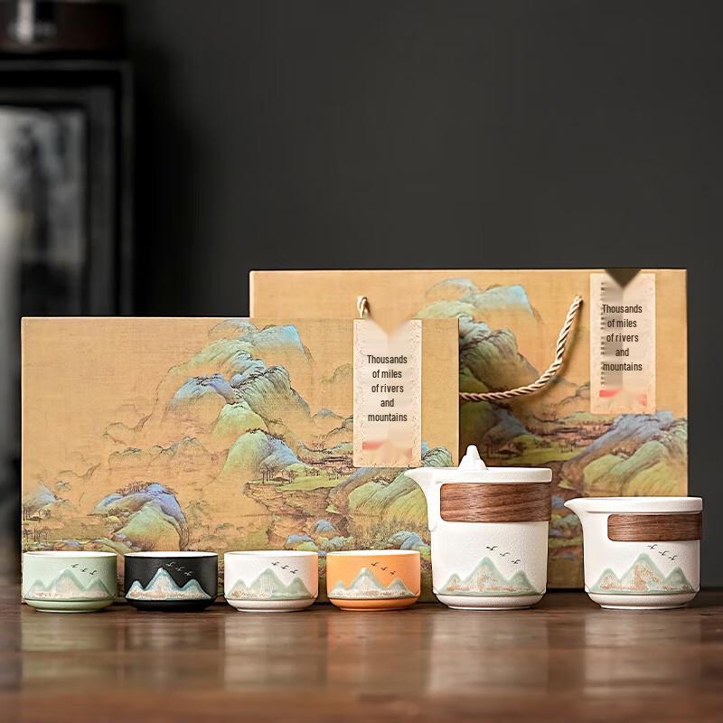 Chinese Coarse Pottery Tea Set - Elegant Pot & Four-Color Cups