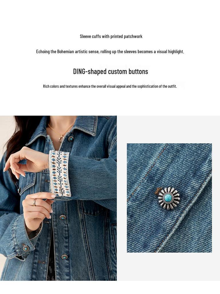 Xin Ge Damen Retro Patchwork Jeansjacke mit Aufschlagmanschetten - Herbst Blau Print Design