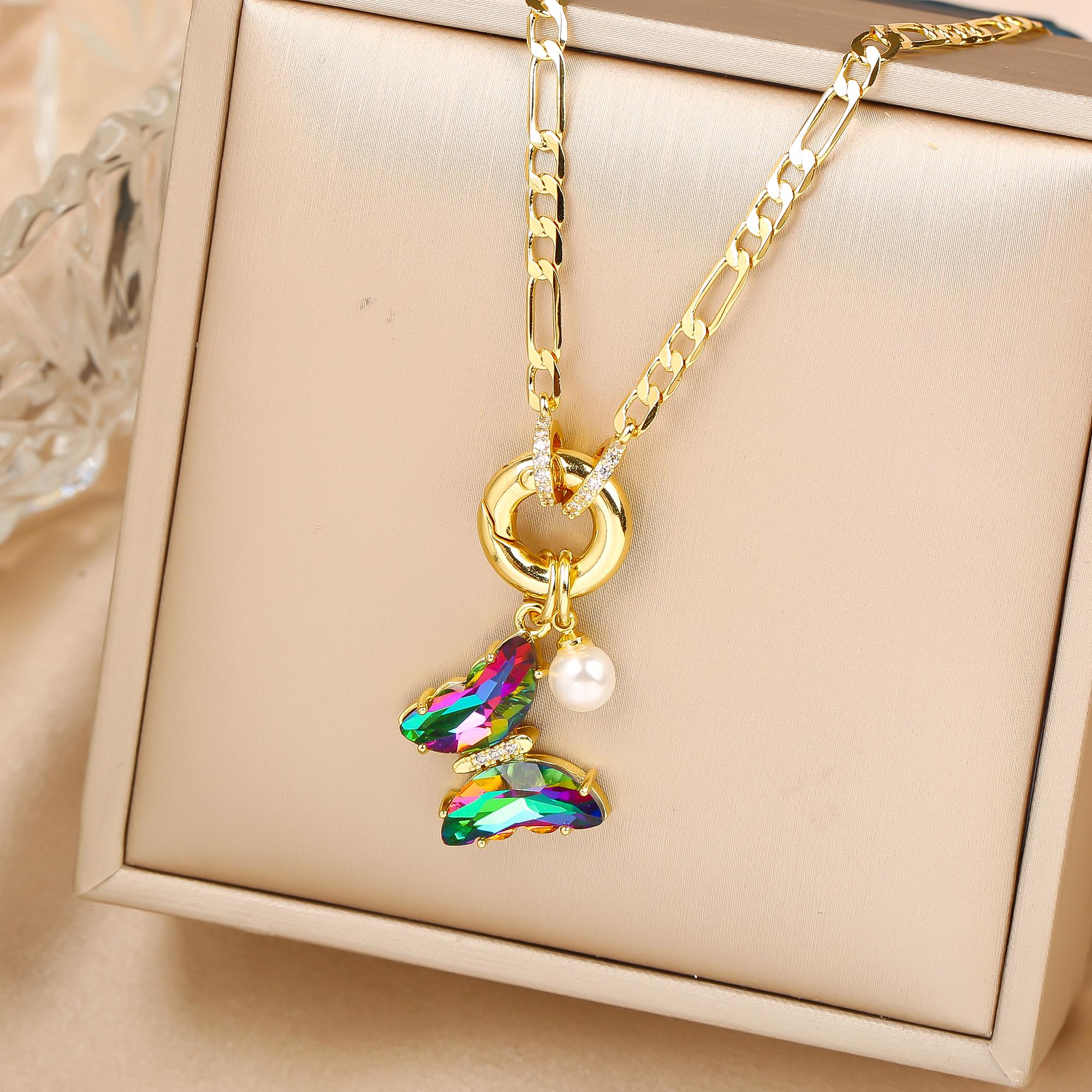 

13 Color Cute Insect Butterfly Crystal Pearl Pendant Necklace Luxury for Woman Girl New Fashion Party Aesthetic Zircon Gift