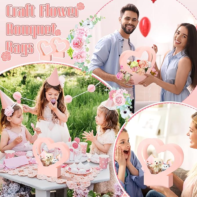 4 Pcs Valentine's Day Gift Bags Heart Shaped Boxes for Flowers Empty Bouquet with Handle Folding Basket for Wedding Arrangement Graduation