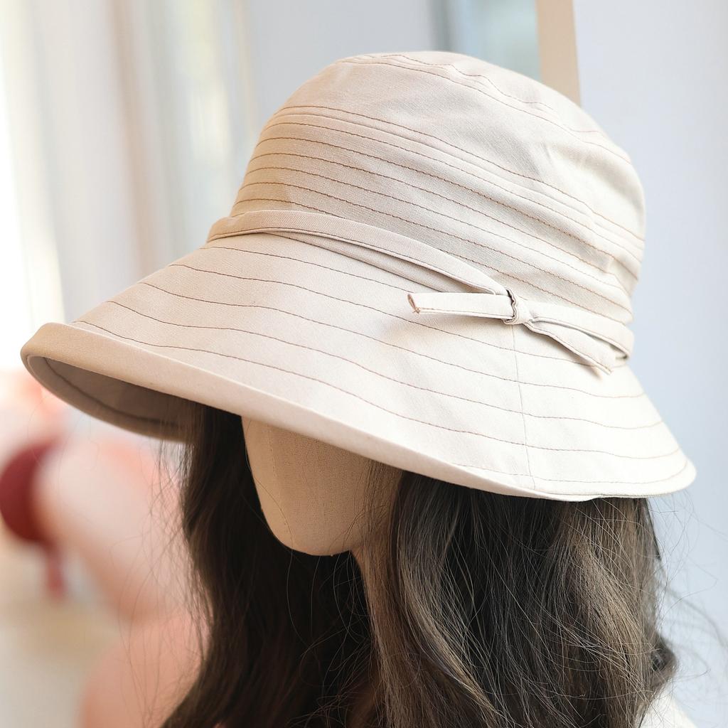 Literary Cotton and Linen Eaves Simple Bucket Hat Women's Spring and Summer Versatile Stitching Bow Sunshade Cloth Hat