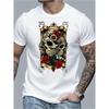 European Sizes Men's Mexican Sugar Skull Print T-Shirt -White & Black Bohemian Day of the Dead Shirt with Red Roses & Ornate Frame