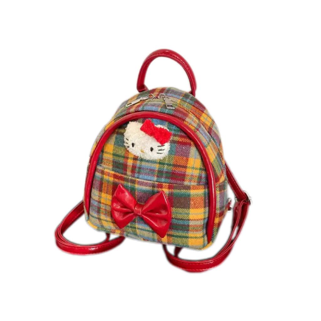 

Red Checkered Bow Kitty Cat Backpack With Padded Straps Design For School Days Small