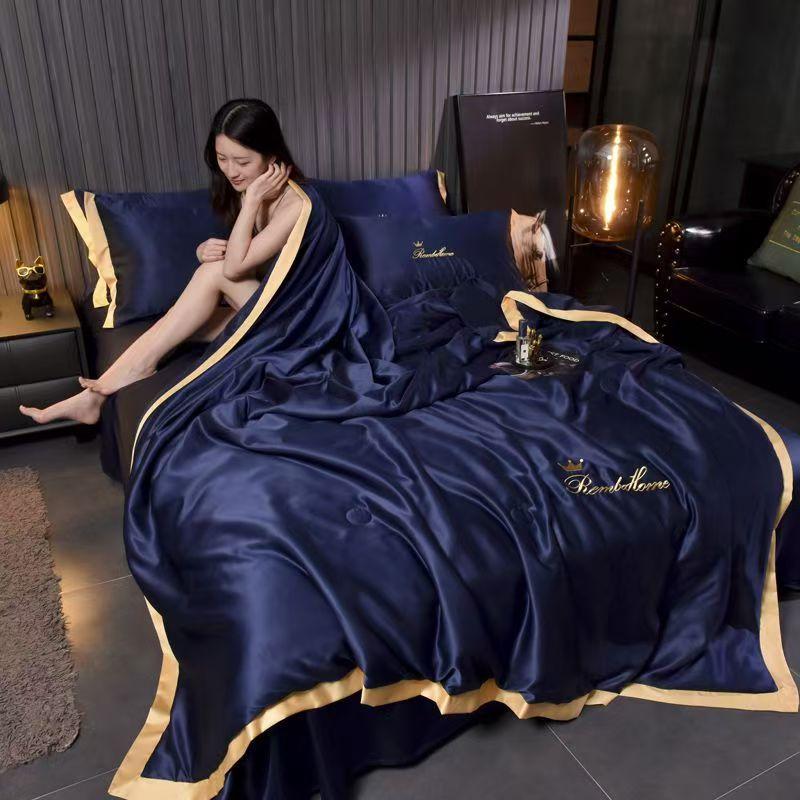 Luxury Ice Silk Summer Blanket 4/3/1 Pcs Embroidery Silky Cool Feel Quilt Set or 1 Quilts Breathable Air Conditioning Comforter