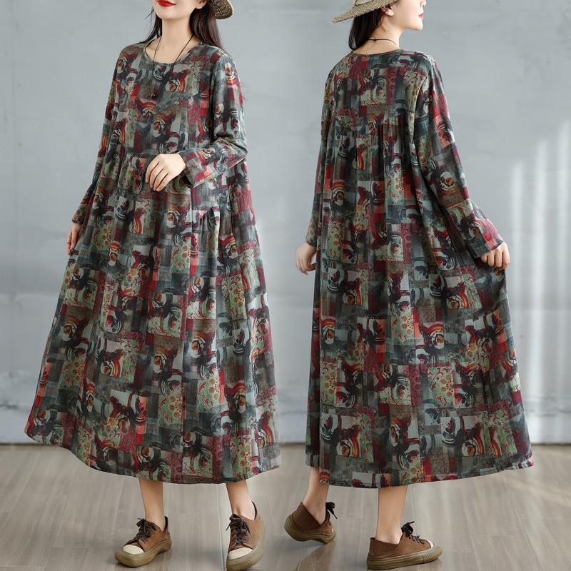DIMANAF 2025 Dam Plus Size Vår Lång Klänning Lös Basic Tryck Vintage Casual Blommig Oversize Lång Ärm Maxi