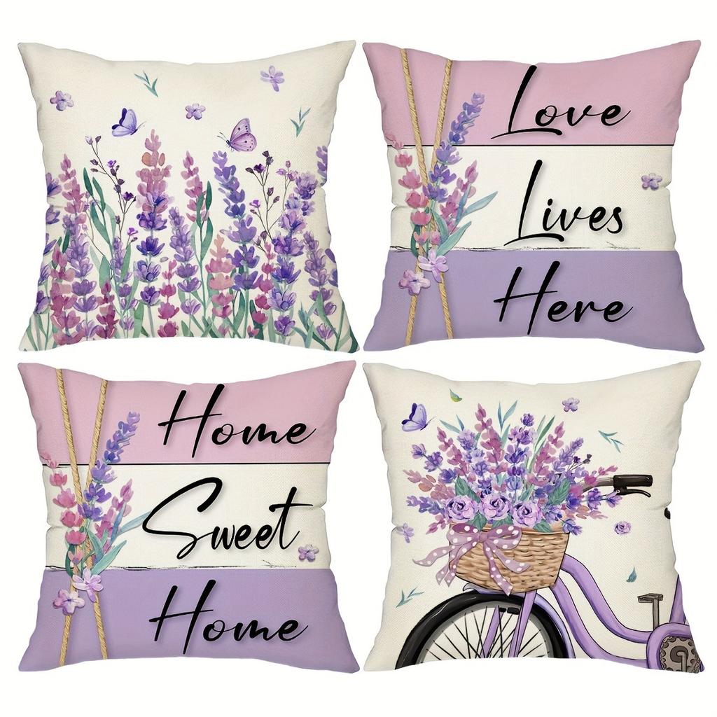 Home Decor Lavender Flowers & Home Sweet Phrases Cushion Covers Pattern Cushion Cover Suitable for Sofa Bedroom Car Pillow Cover