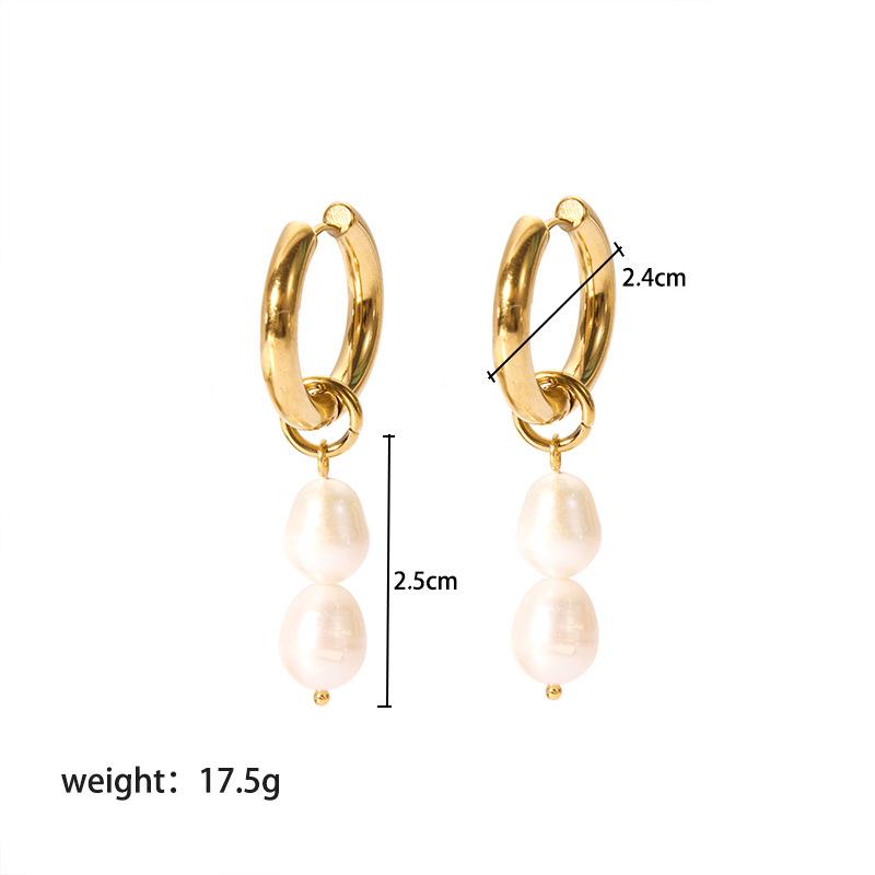 Pearl Drop Earrings For Women Gold Color Stainless Steel Freshwater Pearl Hoop Ear Accessory