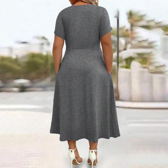Robe Mi-longue Décontractée d'Été pour Femme Robe évasée à manches courtes et col en V avec torsade sur le devant Robe longue fluide ligne A pour vacances à la plage