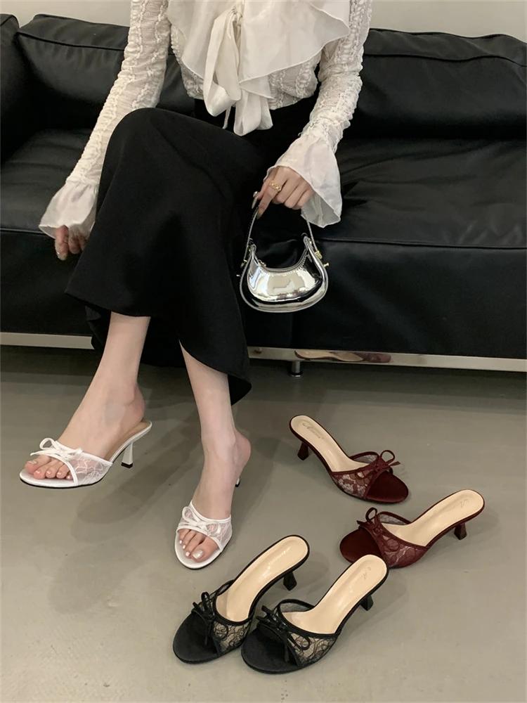 Fashion Eilyken Summer New Fashion Thin Low Heels Women Slippers Breathable Mesh Banquet Sandals Slides Shoes Zapatos De Mujer