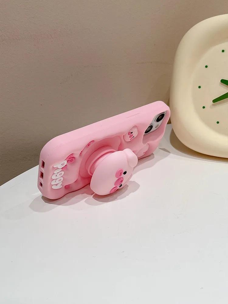 Cute Funny Pig Piggy Telescopic Bracket Case For iPhone 16 15 Pro Max 14 Plus 13 11 12 Pro Max Pink Silicone Stand Holder Cover