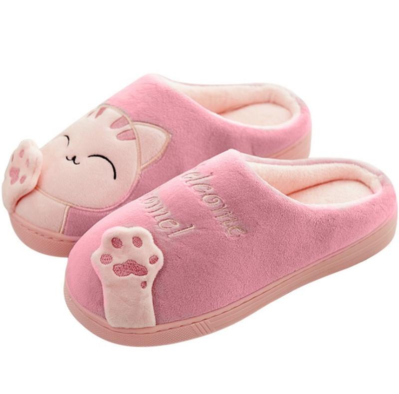 Winter Couple Home Slippers Women Shoes Cartoon Cat Slippers Men Warm Plus Size Slides Indoor Bedroom Non-slip Floor Slipper