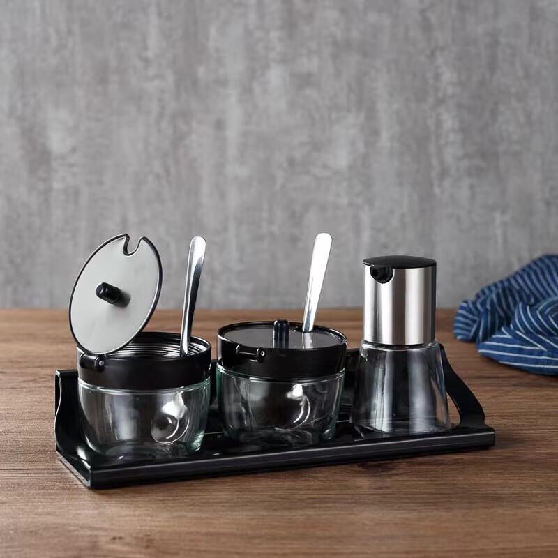 ChuiShanHai Commercial Glass Seasoning Jar Set with Stainless Steel Rack, 3-Piece