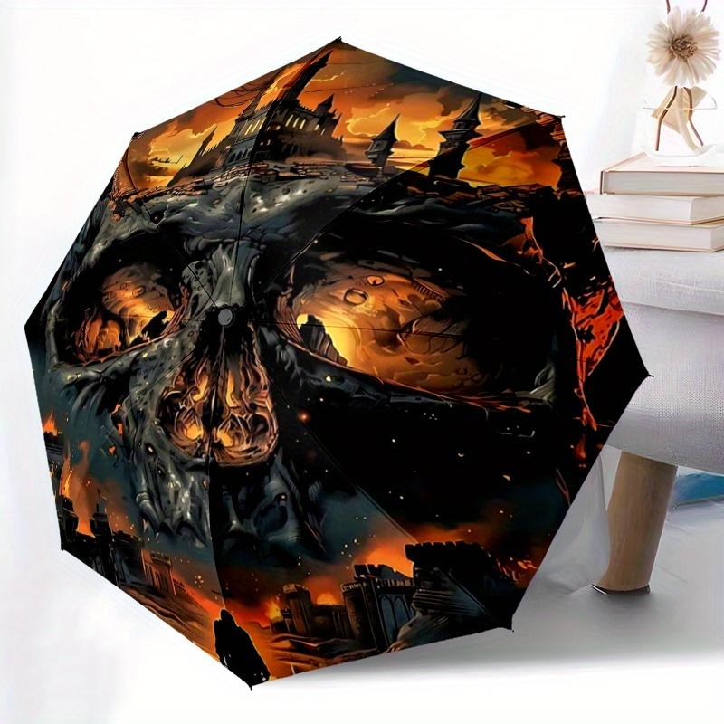 1pc Fiery Skull-Shaped Fortress Pattern Beautiful Looking Automatic Folding Umbrella, 3 Folding, 8 Iron Frame Design, Durable and Suitable for Tr