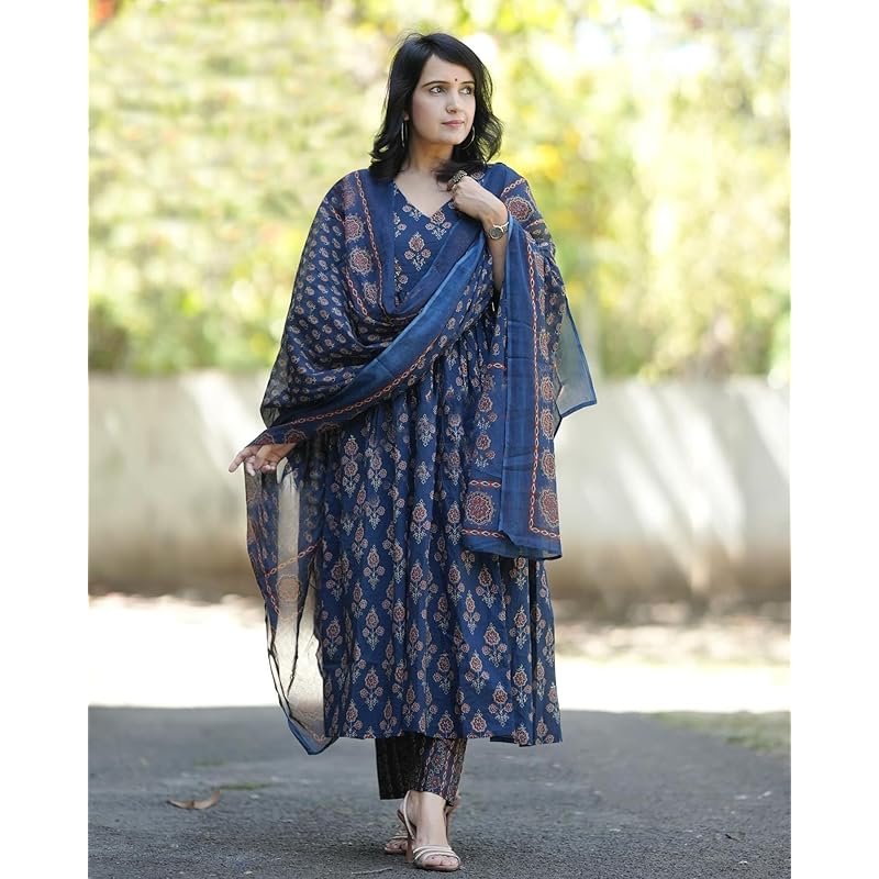 GoSriKi Women s Rayon Blend Printed Anarkali Kurta with Pant & Dupatta (AMPM Blue-GS_S_Blue_Small) S синий