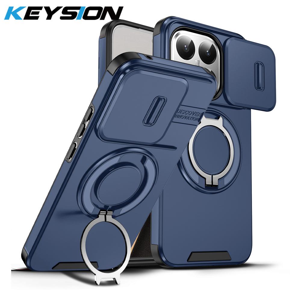 KEYSION 360° Rotating Ring Stand Phone Case for Xiaomi 15T 15T Pro Silicone+PC Slide Camera Protection Magnetic Shockproof Cover