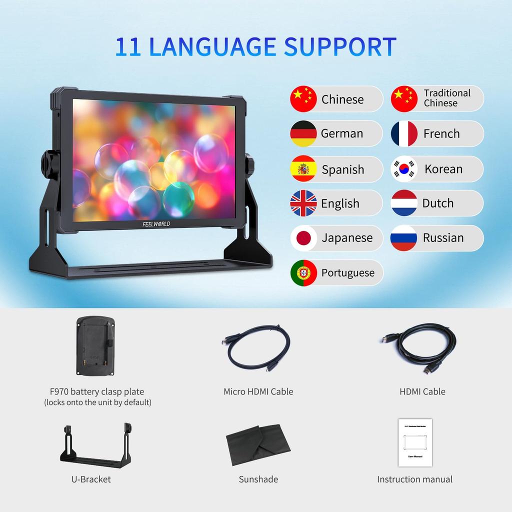 FEELWORLD T10 Monitor do aparatu DSLR z 3D i 1920x1200 HDMI oraz Zestaw zasilania zewnętrznego F970 10,1-calowy LUT, HDR, Forma fali, Ekran dotykowy, 2.0