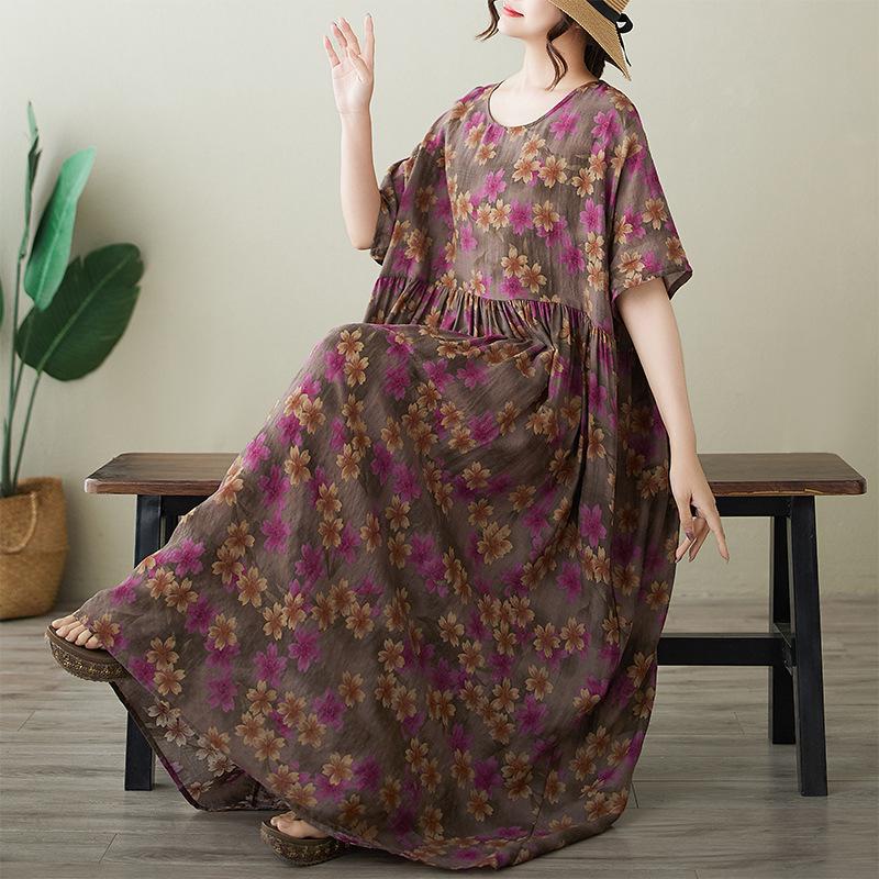 

Plus Size Summer Print Dress - Short Sleeve, Round Neck, Simple Fashion Long Dress Plus Size