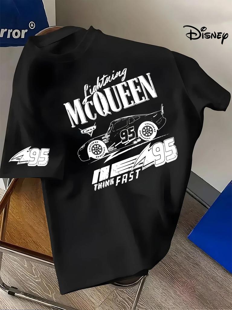 MINISO Lightning McQueen 95 Year Old Adult T-shirt Light Blue Racing with Flash McQueen Text Short Sleeve Couple Print