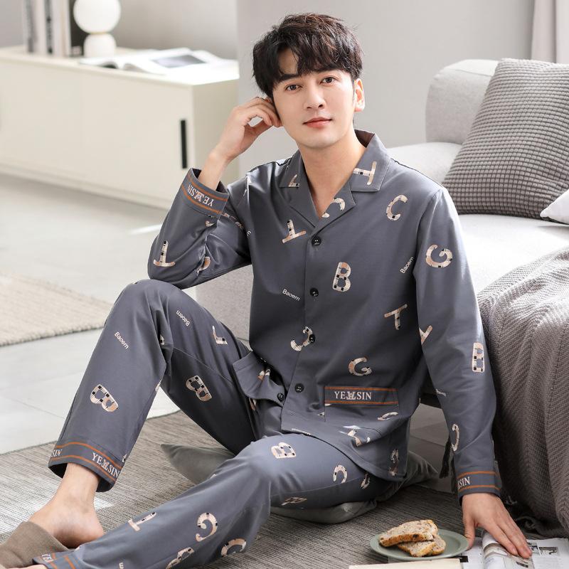 Pajamas Men'S Spring And Autumn Cotton Long Sleeve Men'S Autumn Men'S Wear Loungewear Suit