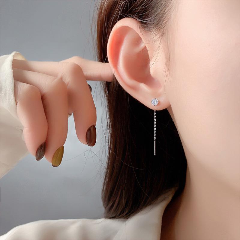 925 Sterling Silver Four-Prong Chain Drop Earrings for Women - 2026 New Versatile Studs, Simple and Elegant Ear Jewelry