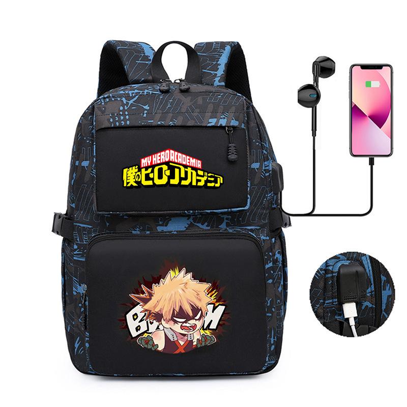 Riman My Hero Academy Cartoon Pattern Backpack, Large Capacity Student School Bag Usb Computer Bag
