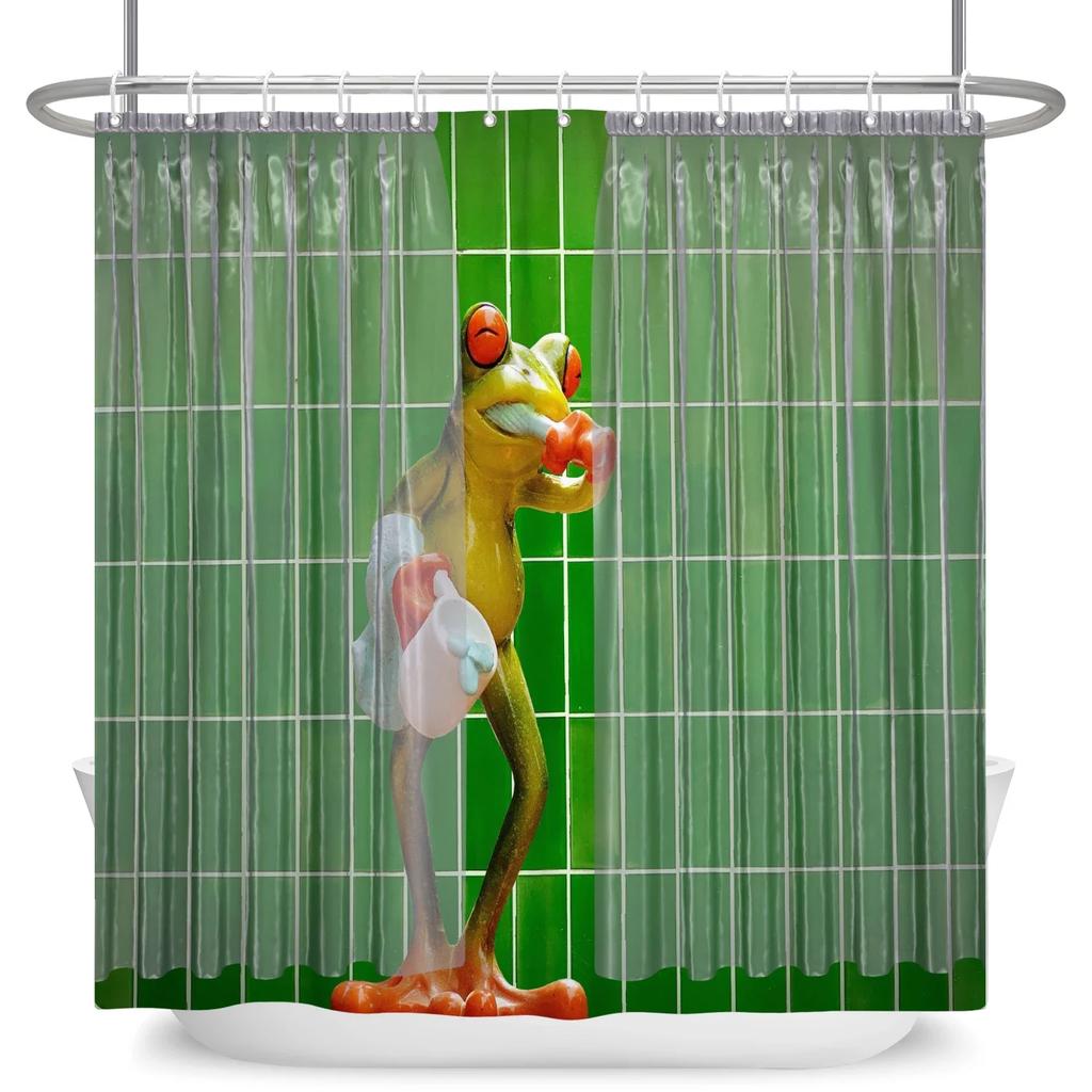 Funny Frog Cartoon Shower Curtain Sets Leaf Animal Creative Children Bathroom Decor Waterproof Fabric Home Hooks Bath Curtains