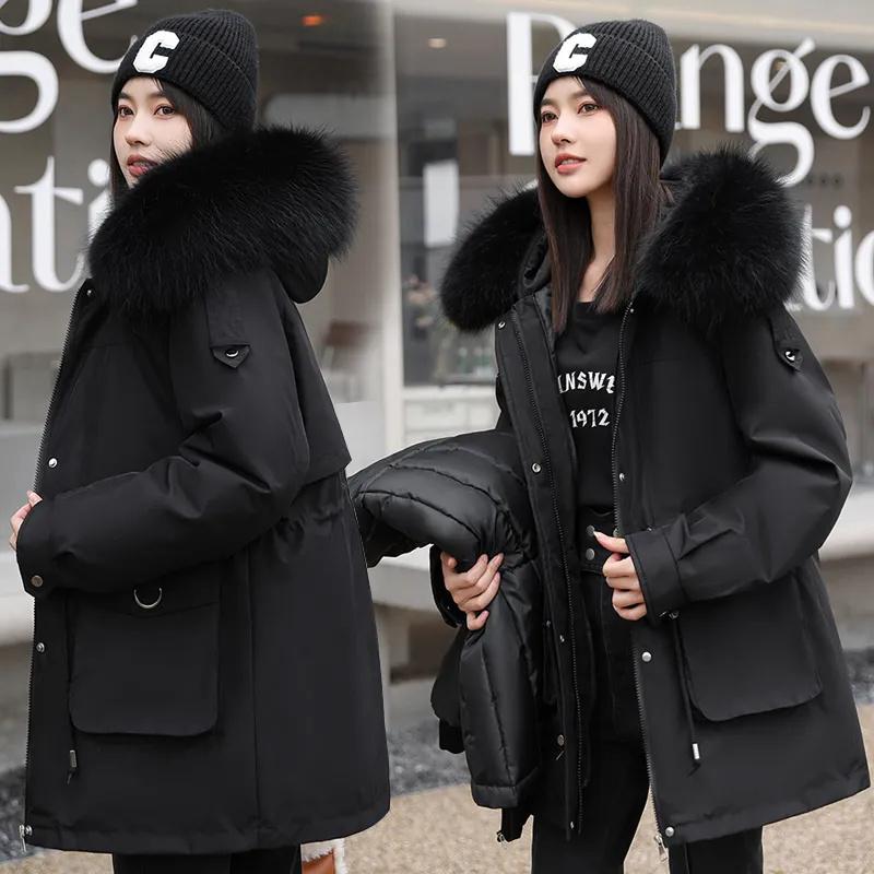Winter Coat Thicken Parker Women's Warm Detachable Inner Down Cotton Jacket Female Loose Warm Hooded Parkas Overcoat