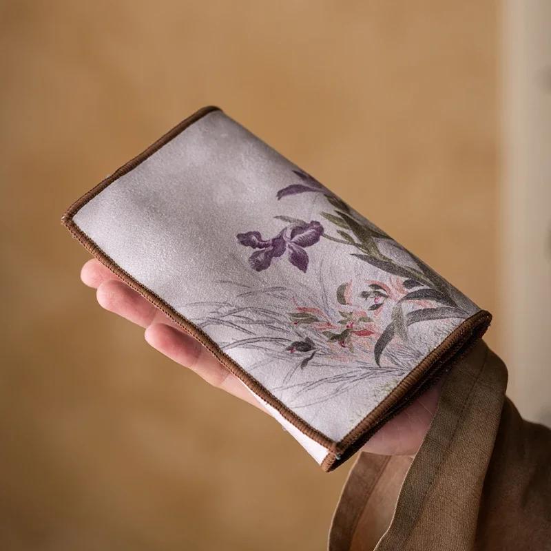 Chinese Flower Pattern Tea Towel Plush Absorbent Water Rag Tea Napkins Coaster Imitation Deerskin Towel Tea Set Accessories