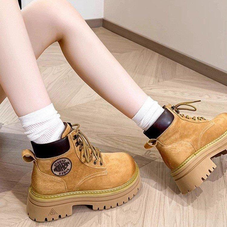 Leather Martin boots women's 2025 spring and autumn new pink small British style short boots thick-soled explosive big yellow boots