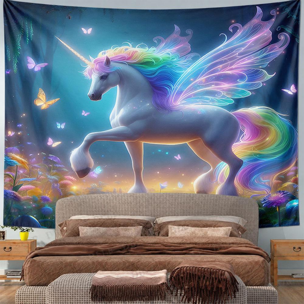 Rainbow Unicorn with Glowing Fairy Wings Pattern Wall Hanging Tapestry Decorative Tapestry Home Decor for Bedroom and Living Room