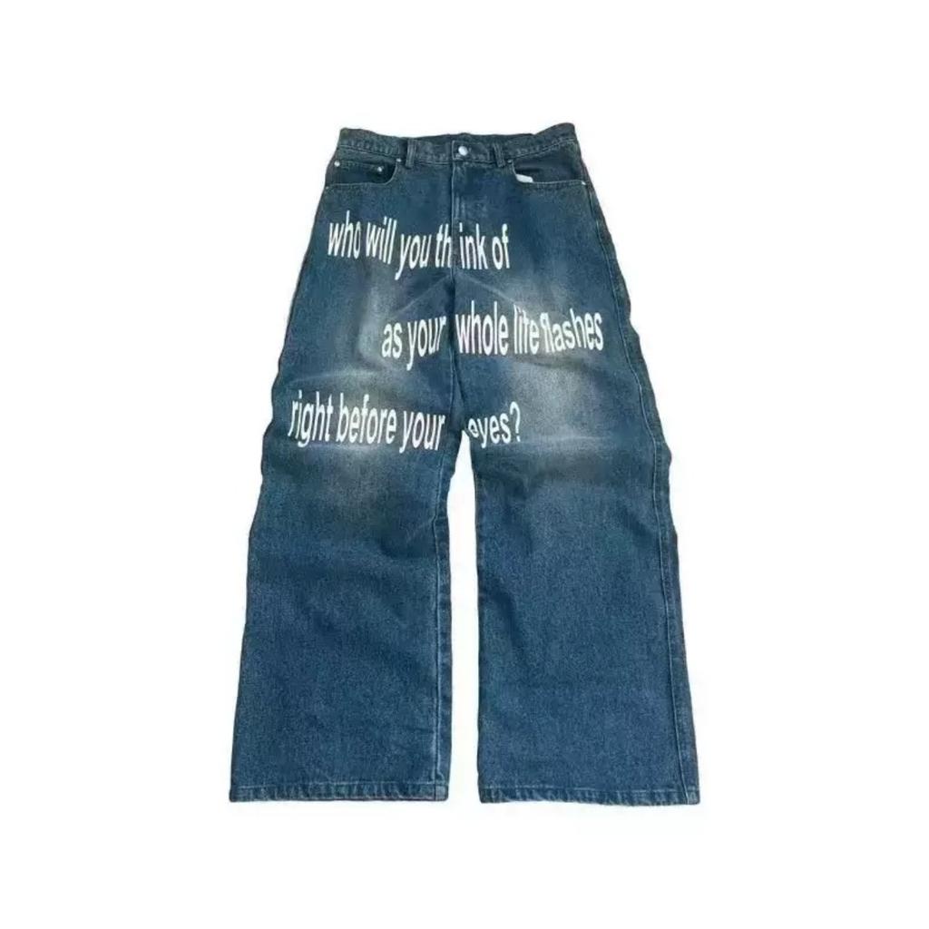 ZYLLO Vintage Letter Print Women Man Jeans Y2k Harajuku Washed Wide Leg American Style Denim Pants Baggy Hip Hop Streetwear