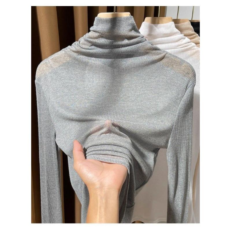 Slightly See-through Collar Long-sleeved Women's Autumn Fashionable Layered Tops with Base Layers