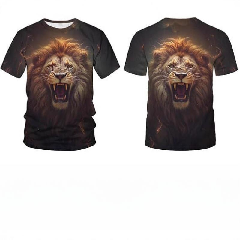 Letní tričko s kulatým výstřihem a 3D potiskem lva, módní ležérní pánské tričko s krátkým rukávem