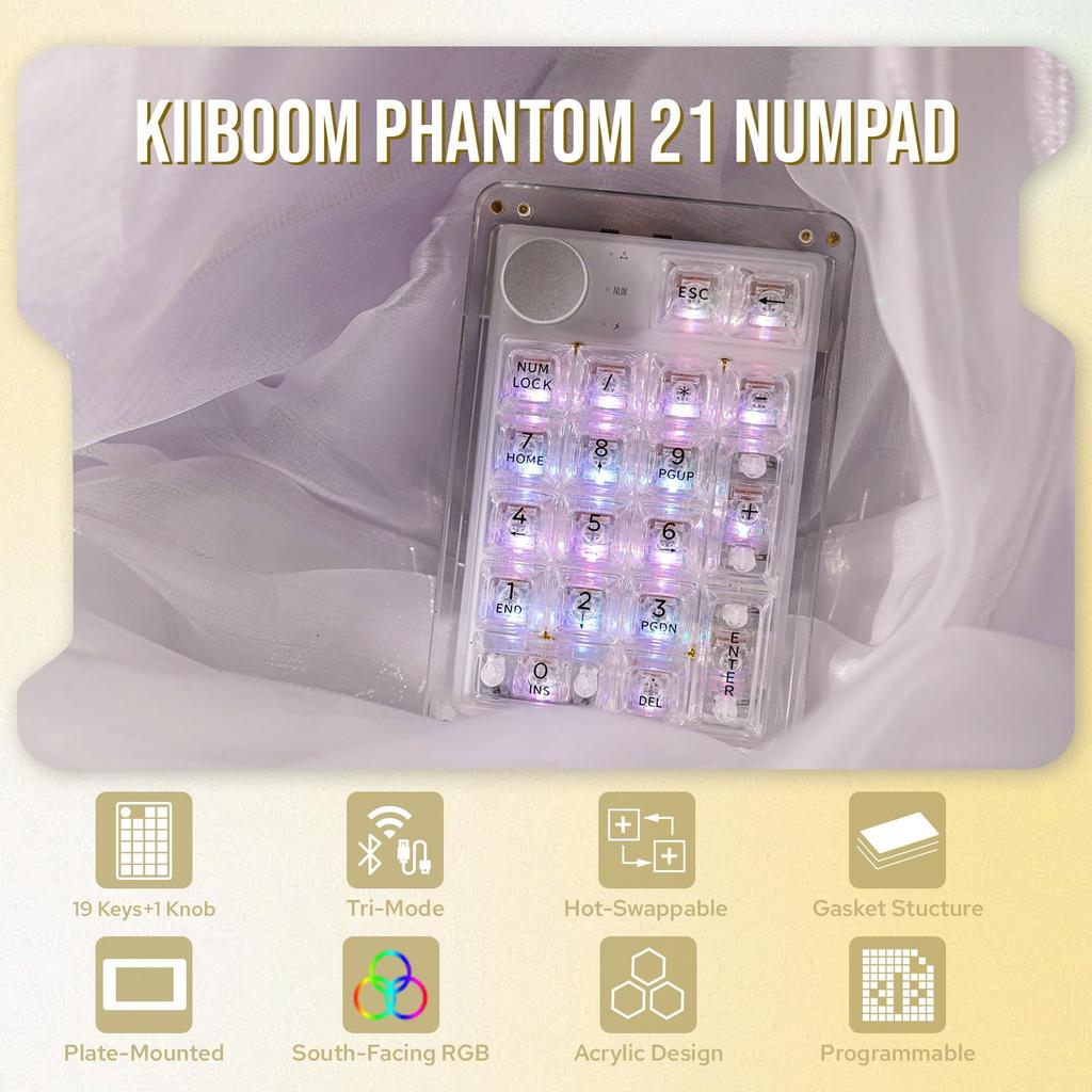 KiiBoom Phantom 21 Gaming Crystal Numeric NKRO Programmable Numeric Keypad with RGB Lighting for Windows and 1900mAh Keyboard, Hot-Swappable Keypad,
