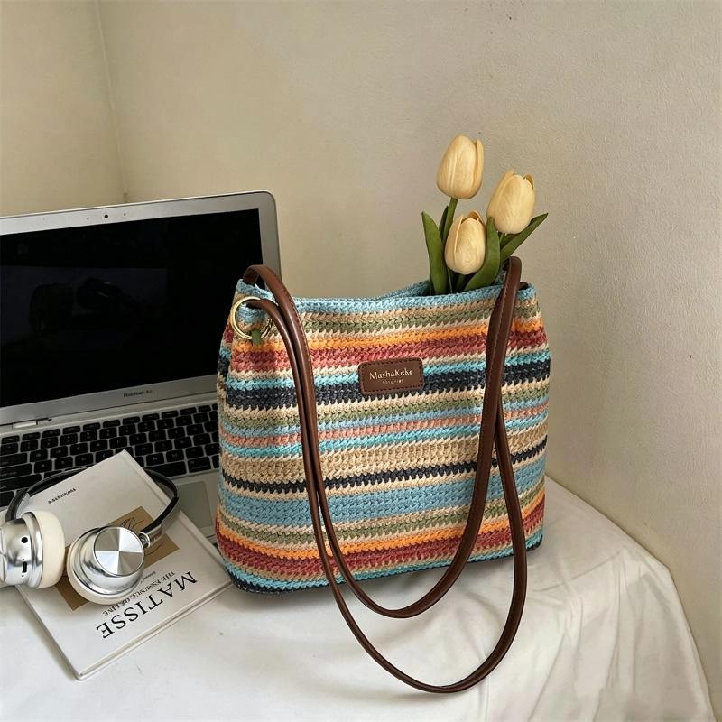Fashionable Woven Straw Women'S Shoulder Bag Large Capacity Tote Bag Summer Holiday Style Polyester Material Bag