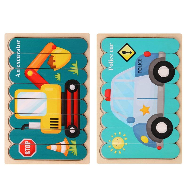 Kids New Wooden Two-sided Strip 3D Puzzles Wood Vehicle Fruit Jigsaw Puzzle Toy for Children Baby Learning Educational Toys Gift