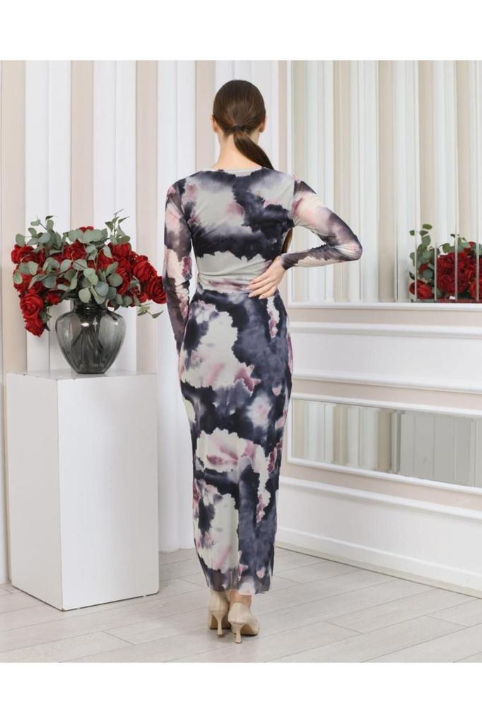 Women's Big Size Dress V-Neck Lycra Printed Tulle Dress