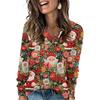 Women's Fashionable Loose-Fit V-Neck Long-Sleeved T-Shirt Christmas Print Pullover