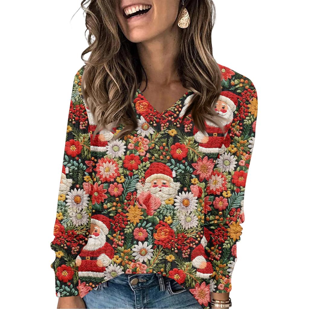 Women's Fashionable Loose-Fit V-Neck Long-Sleeved T-Shirt Christmas Print Pullover