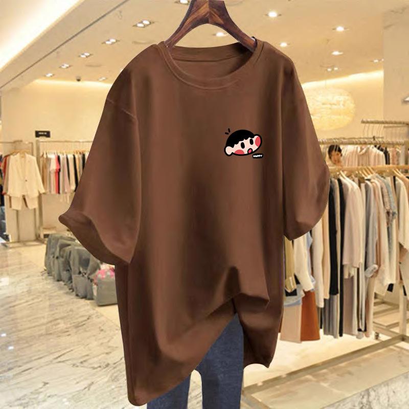 

White Hong Kong style chic cartoon cotton short-sleeved T-shirt women s spring summer new loose large size versatile half-sleeved top XXXL