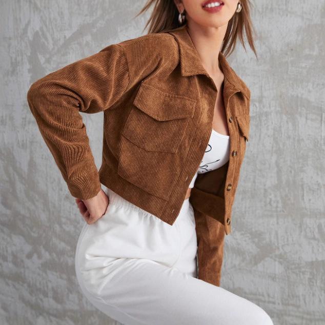 Women's Long Sleeve Corduroy Jacket Lapel Pocket Button Cropped Casual Outerwear