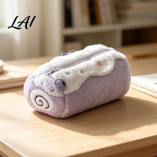 Plush Pencil Case Cake Roll Case Cute Makeup Bag Large Capacity Pen Durable Zipper Bag Pouch Soft Fluffy Stationery for Girls Novelty Dessert