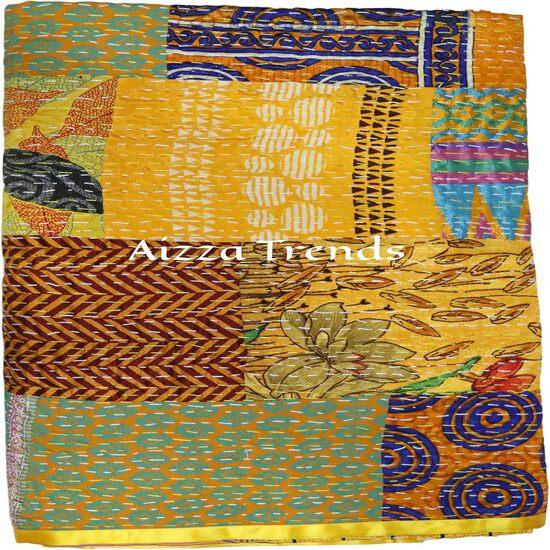 Aizza Trends Handmade Pure Cotton Patch and Patola Work Kantha Quilt - Traditional Indian Throw Blanket-Vintage Cotton Silk Saree Quilt