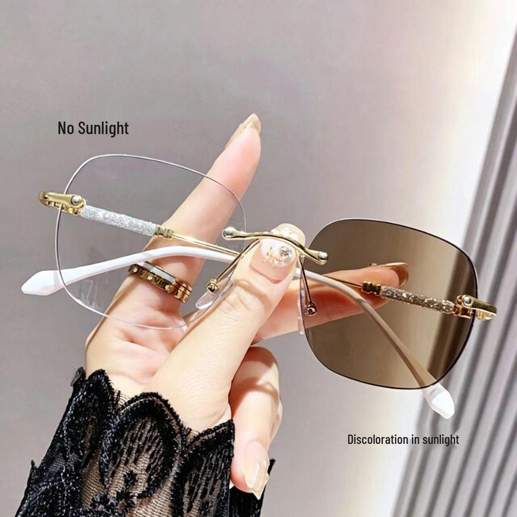 Photochromic Rimless Blue Light Reading Glasses for Women, Versatile No-Makeup Myopia Protection, HD Clarity.