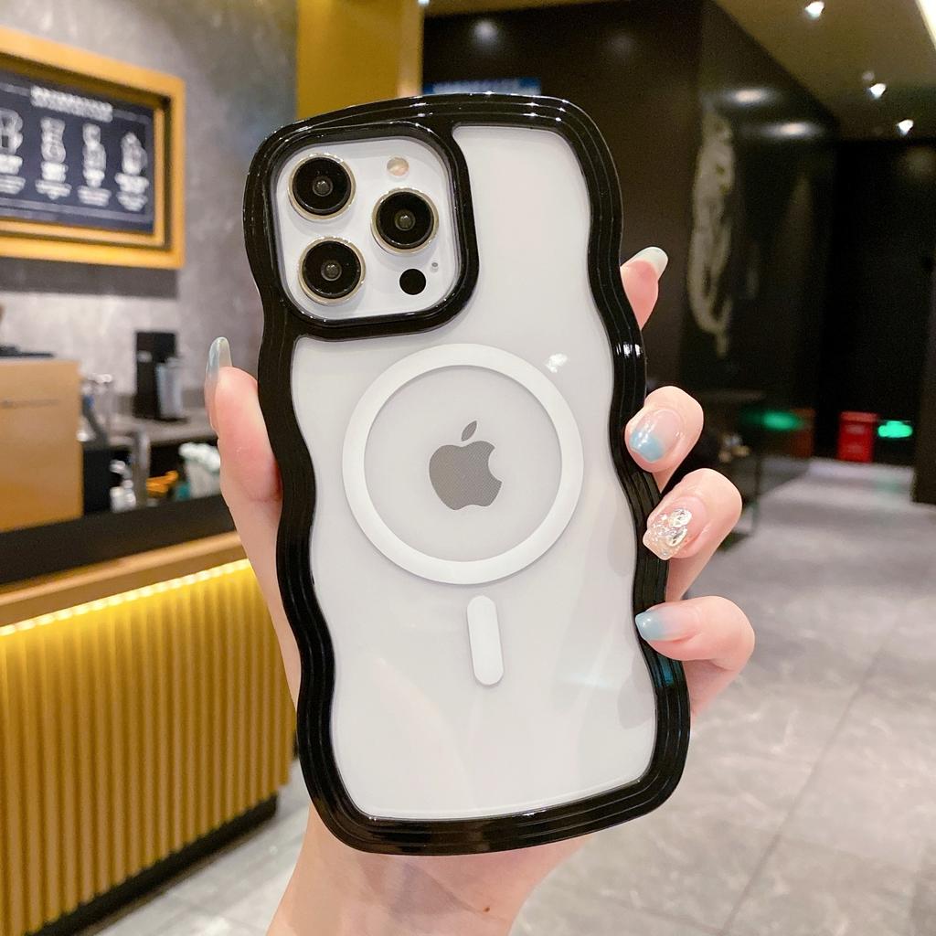 Cute Transparent Magnetic Phone Case For iPhone 16 15 14 13 12 11 Pro Max 15 16 Plus For Magsafe Charge Wave Frame Protect Cover