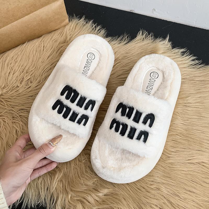 Thick-soled Fluffy Slippers Women's Outer Wear 2025 New Autumn and Winter Casual Fashion Plush Letter One-word Cotton Slippers