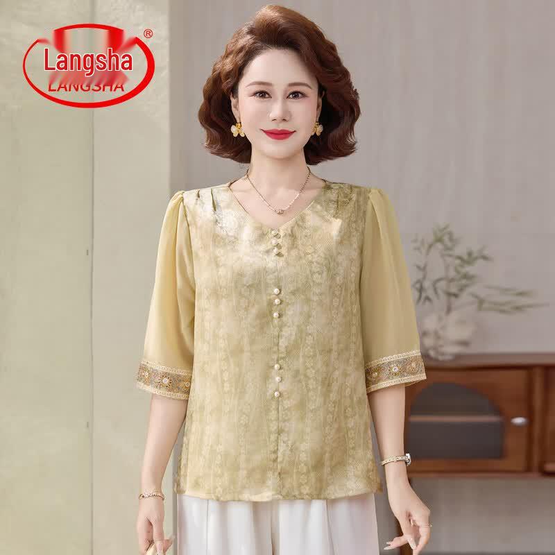 LangSha Women s Floral Chiffon V-Neck Blouse 2XL